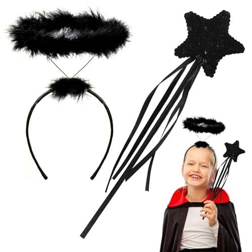 ROSAUI Heiligenschein schwarz und Zauberstab, Engels Kostüm Accessoire für Damen, Engelskostüm Haarschmuck Accessoire für Halloween, Weihnachten, Karneval & Faschinn, Halloween Horn Headband von ROSAUI