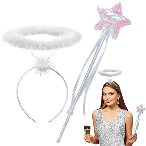 ROSAUI Heiligenschein weiß und Zauberstab, Engels Kostüm Accessoire für Damen, Engelskostüm Haarschmuck Accessoire für Halloween, Weihnachten, Karneval & Fasching, Halloween Horn Headband von ROSAUI