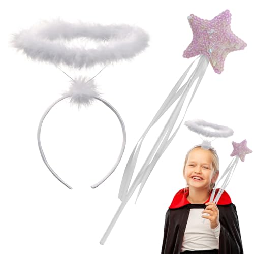 ROSAUI Heiligenschein weiß und Zauberstab, Engels Kostüm Accessoire für Damen, Engelskostüm Haarschmuck Accessoire für Halloween, Weihnachten, Karneval & Fasching, Halloween Horn Headband von ROSAUI