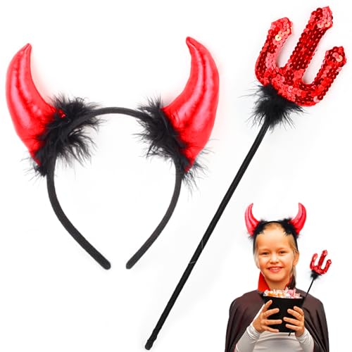 ROSAUI Halloween Teufelshörner und Dreizack, Karneval Teufel Kostüm Damen, Hörner Haarreif Rot, 36cm Zepter, Hörner Kopfschmuck Teufel Accessoire Fasching Party von ROSAUI