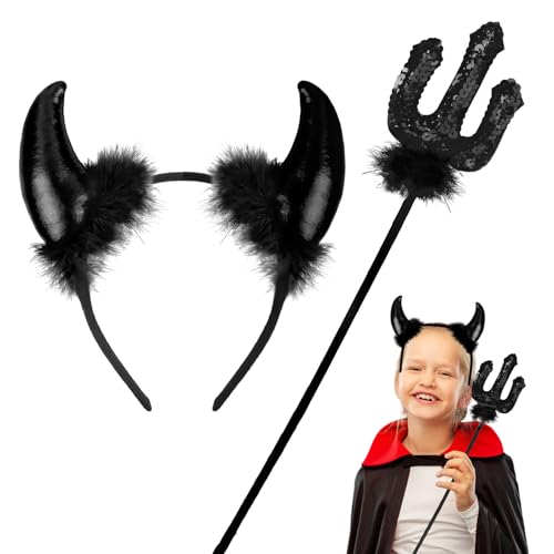 ROSAUI Halloween Teufelshörner und Dreizack, Karneval Teufel Kostüm Damen, Hörner Haarreif Schwarz, 36cm Zepter, Hörner Kopfschmuck Teufel Accessoire Fasching Party von ROSAUI