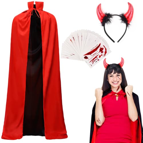 ROSAUI Halloween Umhang Set für Damen, Halloween Teufel kostüm herren mit Hörner Haarreif und Narbe Tattoo Aufkleber, Schwarzer und Roter Umhang für Halloween Party 90cm von ROSAUI