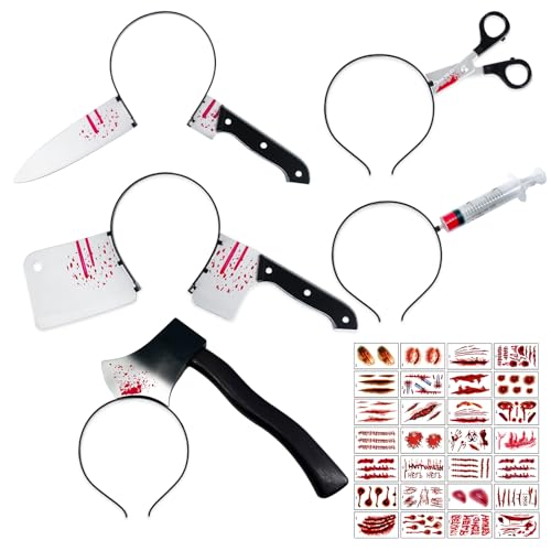 ROSAUI Messer im Kopf, 5X Halloween Haarreif, Halloween Haarschmuck für Damen, 30X Narben Halloween Tattoos gruselige Mädchen, Halloween Kostüm Accessoire für Herren bei der Halloween Party von ROSAUI