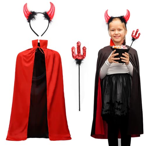 ROSAUI Teufel Kostüm für Damen, Halloween Vampir Umhang Set mit Teufelshörner und Teufelgabel, 120cm Schwarzer & Roter Cape für Halloween-Masquerade, Karneval von ROSAUI