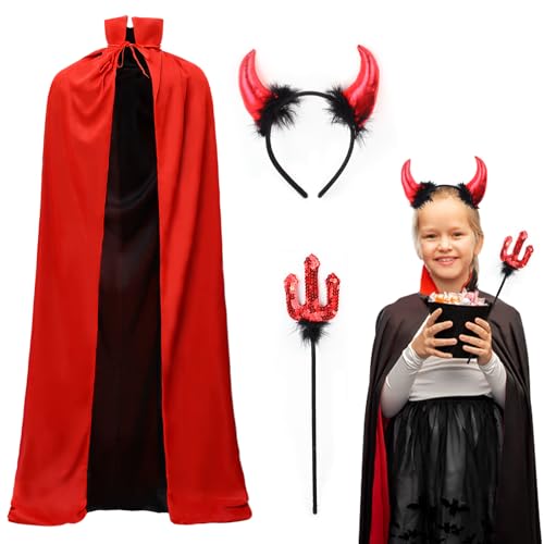 ROSAUI Teufel Kostüm für Damen, Halloween Vampir Umhang Set mit Teufelshörner und Teufelgabel, 120cm Schwarzer & Roter Cape für Halloween-Masquerade, Karneval von ROSAUI