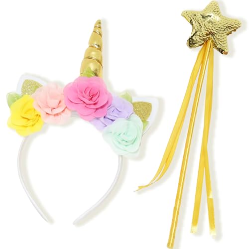 ROSAUI Einhorn Haarreif und Zauberstab, Goldenes Einhorn-Stirnband und Glitzer Zauberstab, Einhorn Kostüm Accessoire für Damen, Einhornkostüm Haarschmuck Accessoire Halloween, Weihnachten, Karneval von ROSAUI