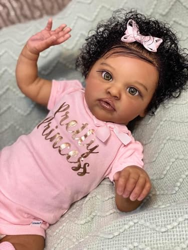 ROSHUAN Black Girl Reborn African American Baby Dolls 50.8 cm Realistic Newborn Baby Dolls Real Life Like Black Baby Girl Soft Body Baby Dolls Eyes Open with Feeding Toy Gifts von ROSHUAN