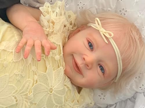 ROSHUAN Blond lächelnde Reborn Babypuppen 45,7 cm realistische Neugeborene Babypuppen beschwerter weicher Stoffkörper lebensechte Babypuppen, die echt aussehen Babypuppen mit Haaren, Kindergeschenke von ROSHUAN