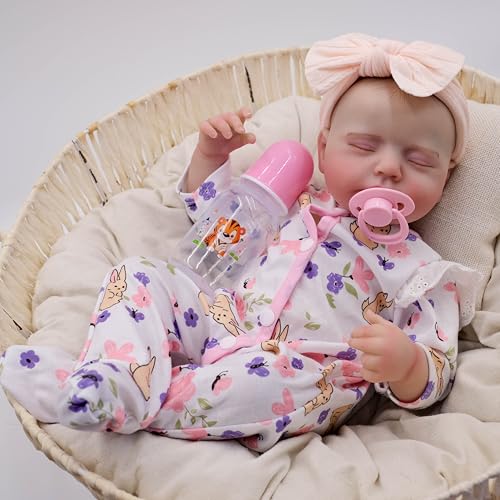 ROSHUAN Reborn Baby Puppen Mädchen 19 Zoll 48 cm Gewichtete Realistische Baby Puppe Die Aussieht Wie Das Echte Leben Neugeborenes Bebe Schlafend Vollsilikon Vinyl Reborn Puppen Waschbar Spielzeug von ROSHUAN