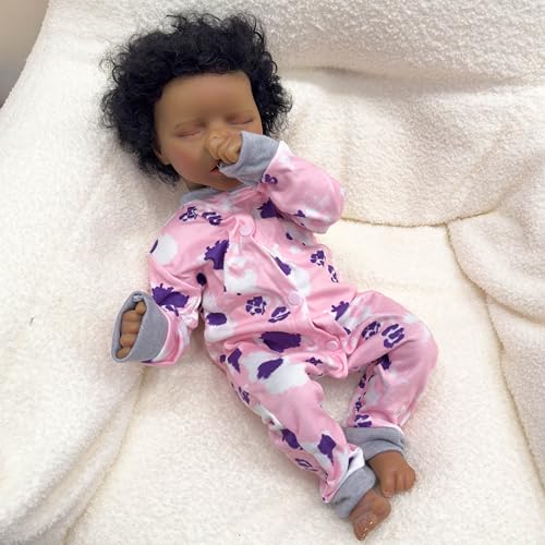 ROSHUAN Reborn Babypuppen Black Girl 45,7 cm Mund Offen Realistische Neugeborene Babypuppen mit lockigem Haar Lebensecht echt aussehende afrikanische amerikanische Babypuppen Spielzeug Kinder von ROSHUAN