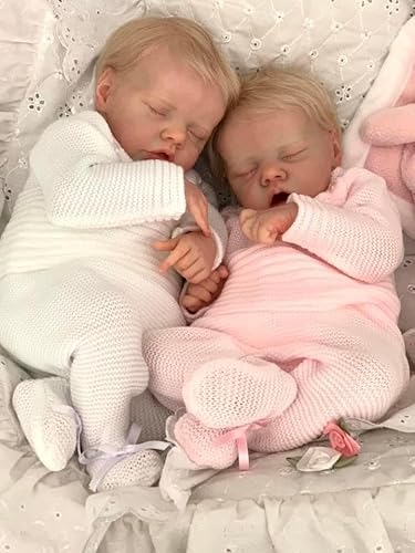 ROSHUAN Reborn Babypuppen Zwillinge Blond Junge und Mädchen 45,7 cm Realistische Babypuppen Vinyl Ganzkörper Zwillinge Real Life Like Neugeborene Schlafende Zwillinge Reborn Puppen Waschbares von ROSHUAN