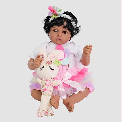 ROSHUAN Schwarze Reborn Baby Puppe 20 Zoll 50 cm Realistische Afroamerikanische Baby Puppen Schwarz Beschwert Echte Lebensechte Neugeborene Puppen Verwurzelt Lockiges Haar Reborn Schwarze Puppen von ROSHUAN