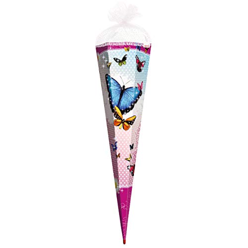 ROTH Schultüte groß Butterfly - Glitter und Rüschen-Borte 85 cm - 6-eckig Rot(h)-Spitze Tüllverschluss - Zuckertüte Schmetterling Glitzer Schulanfang von ROTH