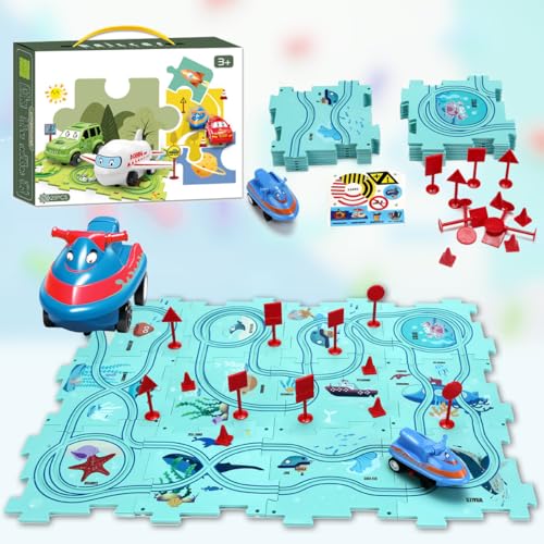 2024 Neues Kinder-Puzzle-Track-Auto-Spielset, DIY-Montage eines elektrischen Trolleys für Kinder (Ozean) von ROUSKY