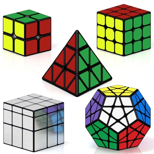 ROXENDA Zauberwürfel Set 2x2 3x3 Pyramide Megaminx Skewb Speed Cube Set Sammlung Puzzles mit Würfel Tutorial für Kinder und Erwachsene, [5er Pack] (Spiegel) von ROXENDA