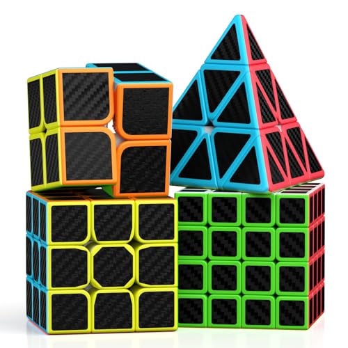 ROXENDA Zauberwürfel Set - 2X2 3X3 4X4 Pyramide Speed Würfel Set mit Würfel Tutorial für Kinder und Erwachsene, [4er Pack] (Kohlefaser) von ROXENDA