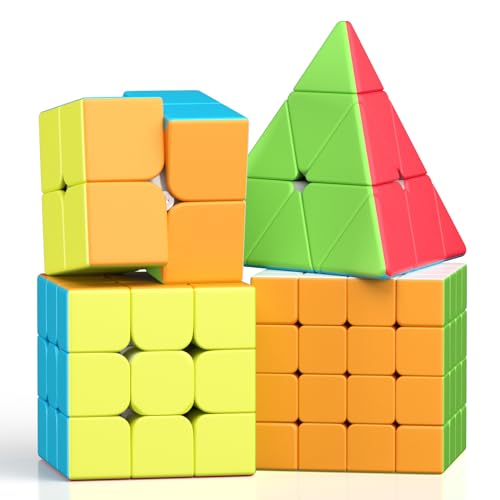 ROXENDA Zauberwürfel Set - 2X2 3X3 4X4 Pyramide Speed Würfel Set mit Würfel Tutorial für Kinder und Erwachsene, [4er Pack] (Stickerless) von ROXENDA