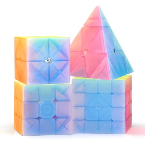 ROXENDA Zauberwürfel Set - 2X2 3X3 4X4 Pyramide Speed Würfel Set mit Würfel Tutorial für Kinder und Erwachsene, [4er Pack](Gelee) von ROXENDA