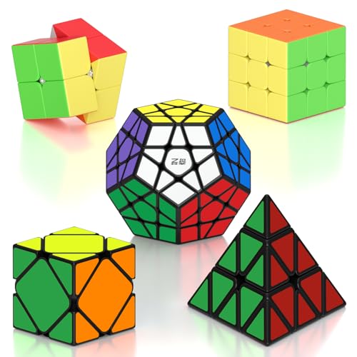 ROXENDA Zauberwürfel Set 2x2 3x3 Pyramide Megaminx Skewb Speed Cube Set Sammlung Puzzles mit Würfel Tutorial für Kinder und Erwachsene, [5er Pack] (Aufkleber) von ROXENDA