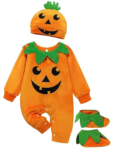 ROYLAMP Jackolantern Strampler für Kleinkinder, Halloween, Uni, langärmelig, Overall, Outfit, Kostüm, Orange mit Hut, 6-12 Monate von ROYLAMP