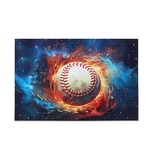 Baseball mit Feuer und Sternen drauf Holzpuzzle Puzzles für Erwachsene 500 Teile Einzigartige Puzzles Familienpuzzle von RPLIFE