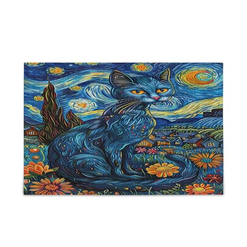 Blaue Katze unter Sternenhimmel Puzzles für Erwachsene 500 Einzigartiges Puzzle Familienpuzzles von RPLIFE