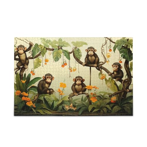 Five Cute Monkey on Tree with Bananas and Leaves Adult Jigsaw Puzzles, 1000 Piece Puzzles, Unique Puzzle, Family Puzzles for Kids and Adults von RPLIFE