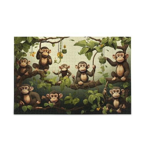 Five Cute Monkey on Tree with Bananas and Leaves Adult Wooden Puzzles, 500 Piece Jigsaw Puzzles, Unique Jigsaw Puzzles, Puzzles for Family von RPLIFE