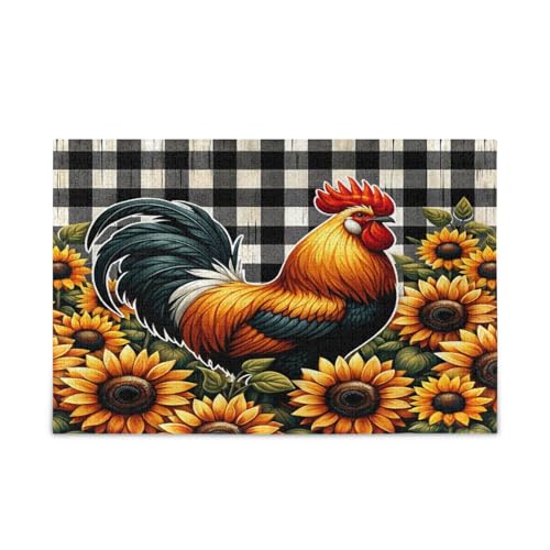 Hahn Sonnenblumen Weiß Schwarz Büffel Plaid Puzzles Einzigartiges Puzzle Lustige Puzzles Bild Puzzle von RPLIFE