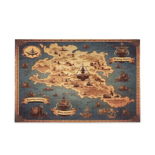 Hidden Treasures on Pirate Map Adult Wooden Jigsaw Puzzles, Puzzle 1000 Piece, Unique Puzzles, Family Puzzles for Kids and Adults von RPLIFE