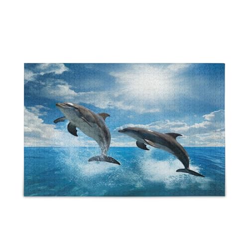 Junge Delfine springen blaues Wasser Sonnenschein Holzpuzzles Erwachsene, Bilderpuzzle, lustige Puzzles, einzigartige Puzzles von RPLIFE