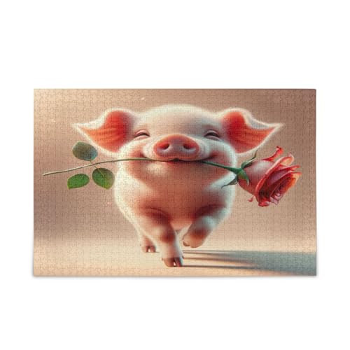 Niedliches Schwein Rote Rose Erwachsene Puzzles Einzigartige Puzzles Schöne Puzzles für Erwachsene Puzzle Spielzeug von RPLIFE