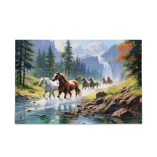 Painting River Horses Running Wood Puzzles Adult, Puzzle with Letters on Back Pretty Puzzle, Unique Jigsaw Puzzles von RPLIFE