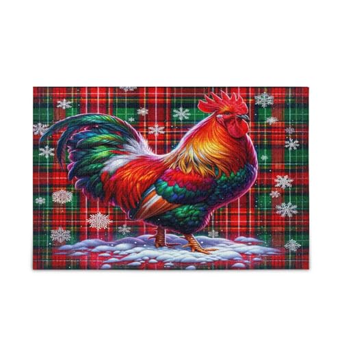 Rooster Christmas Red Tartan Wood Jigsaw Puzzles, Unique Jigsaw Puzzles, Fun Puzzles, Puzzles with Letters on Back von RPLIFE