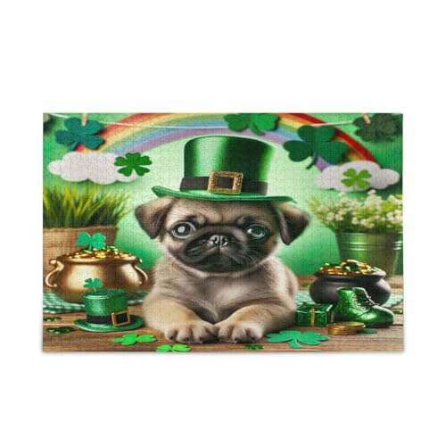 Saint Patrick Day Cute Pug Puppy Wood Jigsaw Puzzles Adult, Puzzle with Letters on Back Beautiful Puzzle, Unique Puzzles for Adults von RPLIFE