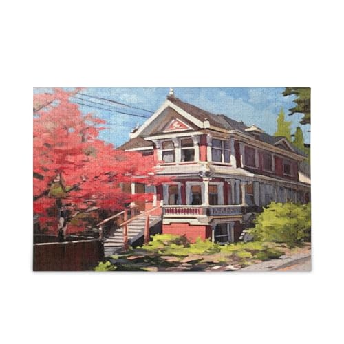 a Painting with a Red Victorian House on Roof Wood Jigsaw Puzzles, Unique Puzzles for Adults, Funny Puzzles for Adults, Brain Game von RPLIFE