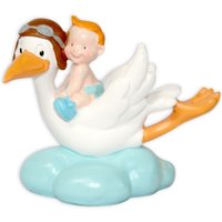 Figur "Storchenpilot mit Baby" in blau, Polyresin, 10cm x 9cm von RS-Segelken