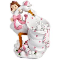 Stochenfigur in rosa mit Baby und Sack zum Befüllen, Polyresin, 13,5cm x 10,5cm von RS-Segelken