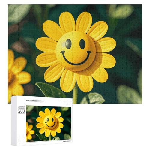 Puzzle, 500 Stück, herausfordernd, gelbe Smiley-Blume, lustiges Puzzle, Holzpuzzle für Erwachsene und Familien von RTFGHJS