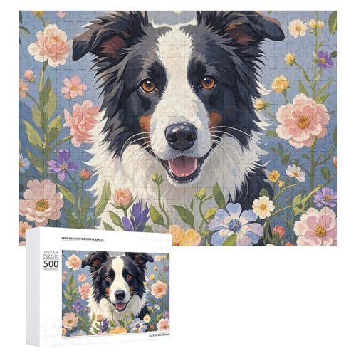 Puzzle, 500 Stück, herausforderndes Border Collie, Blumen, lustiges Puzzle, Holzpuzzle für Erwachsene und Familien von RTFGHJS