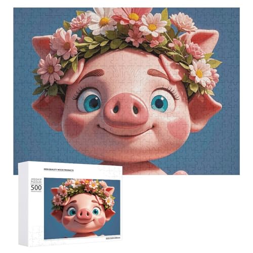 Puzzle, 500 Stück, herausforderndes süßes Ferkel mit Kranz, Dekoration, lustiges Puzzle, Holzpuzzle für Erwachsene und Familien von RTFGHJS