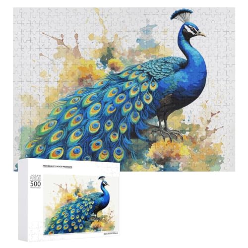 Puzzle, 500 Teile, anspruchsvoller Pfau, Aquarellmalerei, lustiges Puzzle, Holzpuzzle für Erwachsene und Familien von RTFGHJS