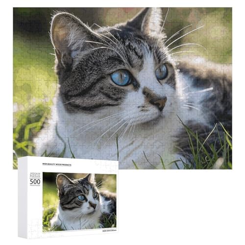 Puzzle, 500 Teile, herausfordernd, graue und weiße Katze, lustiges Puzzle, Holzpuzzle für Erwachsene und Familien von RTFGHJS