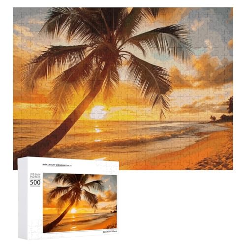 Puzzle, 500 Teile, herausfordernd, tropischer Strand, Palme, Sonnenuntergang, lustiges Puzzle, Holzpuzzle für Erwachsene und Familien von RTFGHJS