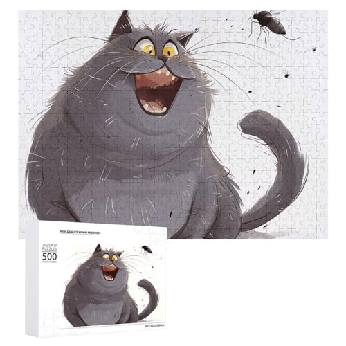 Puzzle, 500 Teile, herausfordernde dicke Katze mit gelben Augen, lustiges Puzzle, Holzpuzzle für Erwachsene und Familien von RTFGHJS