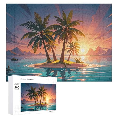 Puzzle, 500 Teile, herausfordernder Sonnenaufgang, tropische Palmeninsel, lustiges Puzzle, Holzpuzzle für Erwachsene und Familien von RTFGHJS