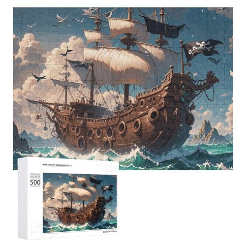 Puzzle, 500 Teile, herausforderndes Fantasie-Piratenschiff, lustiges Puzzle, Holzpuzzle für Erwachsene und Familien von RTFGHJS