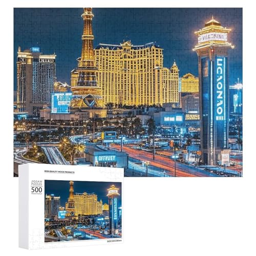 Puzzle, 500 Teile, herausforderndes Las Vegas, Nachtansicht, lustiges Puzzle, Holzpuzzle für Erwachsene und Familien von RTFGHJS