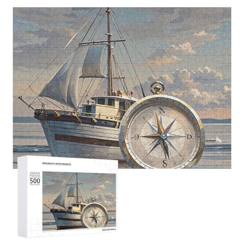 Puzzle, 500 Teile, herausforderndes Schiff und Kompass, lustiges Puzzle, Holzpuzzle für Erwachsene und Familien von RTFGHJS