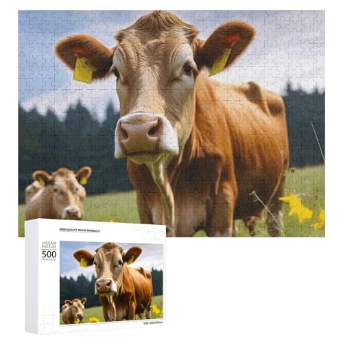 Puzzle, 500 Teile, herausforderndes Tier, braune Kuh, lustiges Puzzle, Holzpuzzle für Erwachsene und Familien von RTFGHJS